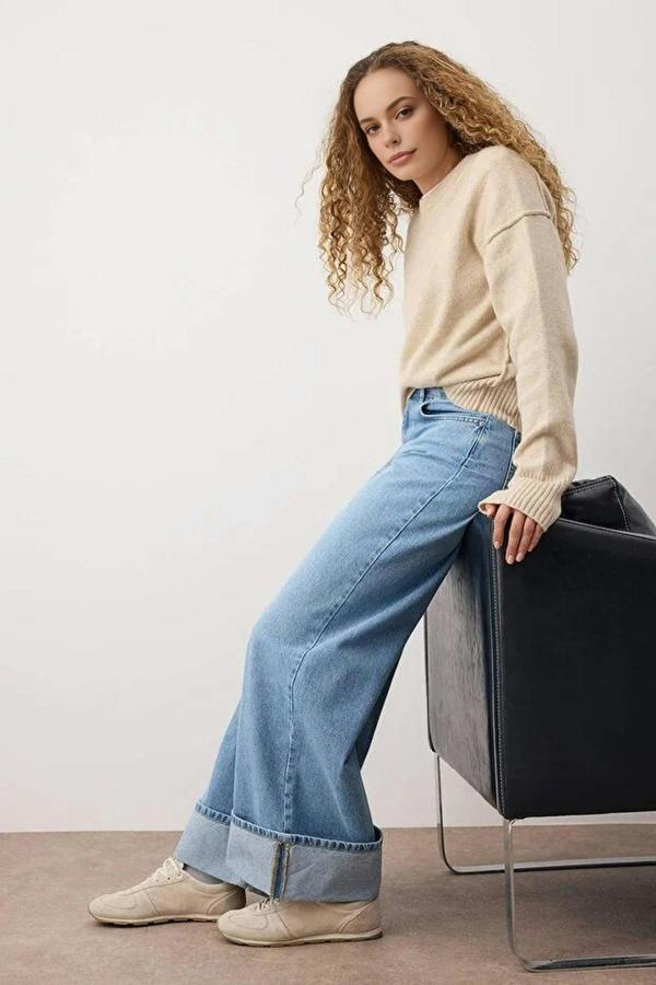WOVCOR Regular Waist Wide Leg Jeans with Folded Hem