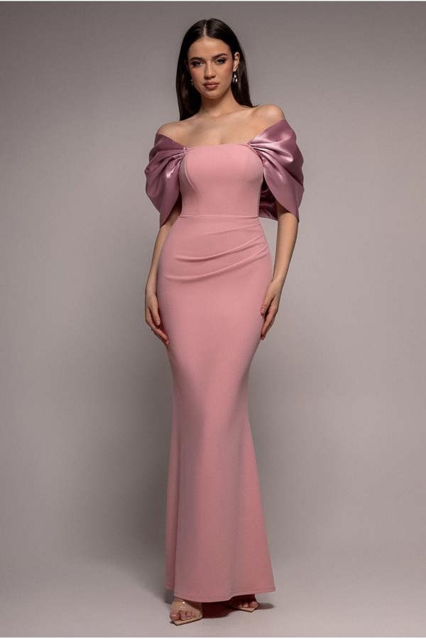 Off Shoulder Back Satin Bow Scuba Maxi Dress  - Blush Pink DR4708