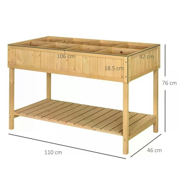Rectangular wooden planter stand with 8 compartments and slatted lower shelf, oak tone