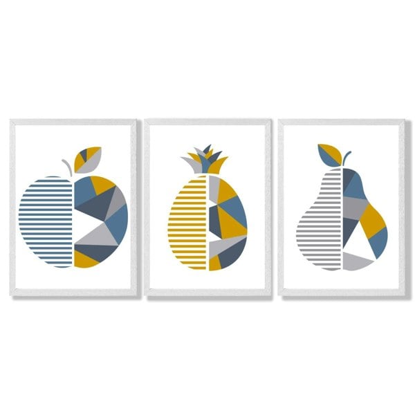 Artze Wall Art Set of 3 Blue & Yellow Geometric Fruit Framed Prints