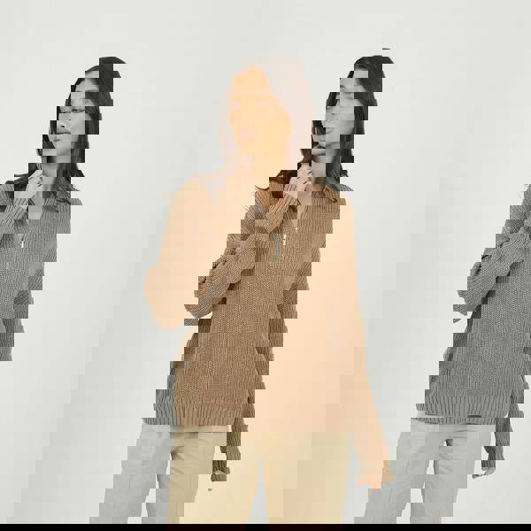 Brave Soul Beige Half Zip Funnel Neck Fisherman Knit Jumper - Beige Image 1