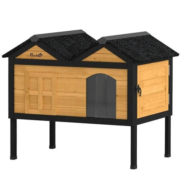 Wooden Cat House Outdoor Indoor with Weatherproof Asphalt Roof, Side Cleaning Door, PVC Curtain