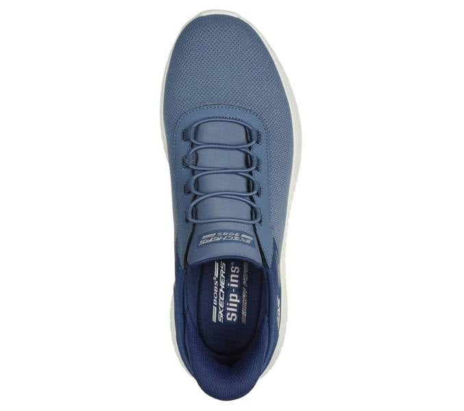 Skechers Bobs Squad Chaos Tough Walk Mens Slip-Ins Casual Trainers, blue athletic shoe with breathable mesh upper and cushioned sole for comfort and style.