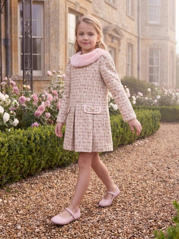 DRESS & Fleur Girls Long Sleeved Tweed Dress in Pink