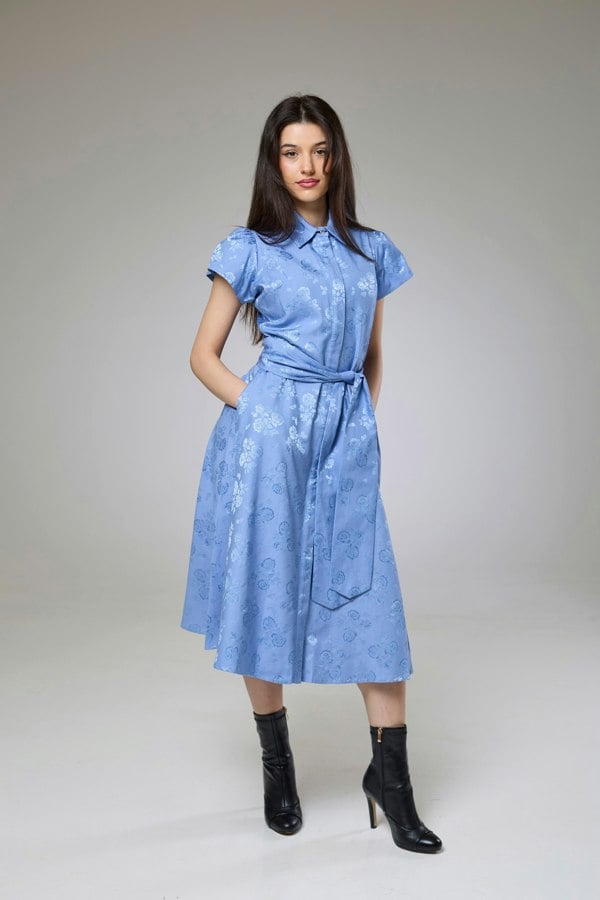 Isha's Timeless collection Sky Blue Petals Short Sleeve Shirt Dress