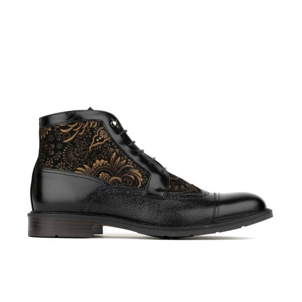 Embassy London Charles - Black & Gold - Men's toe cap dressy leather boot with zip and broguing
