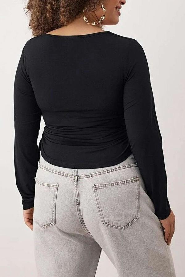 WOVCOR Square Neck Plus Size Knitted Blouse with Gathered Sides