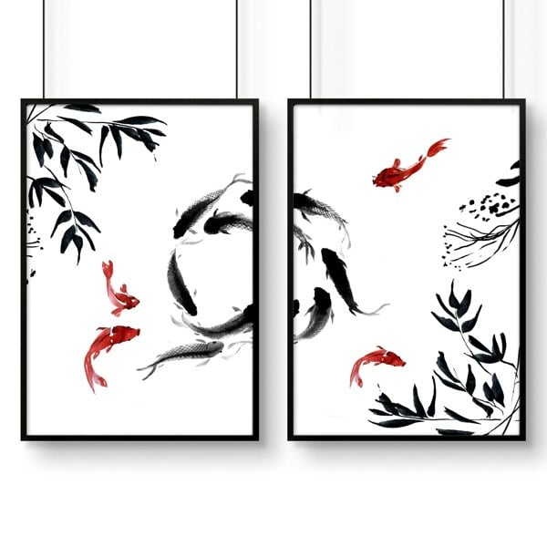 Framed prints for living room | set of 2 Koi wall art