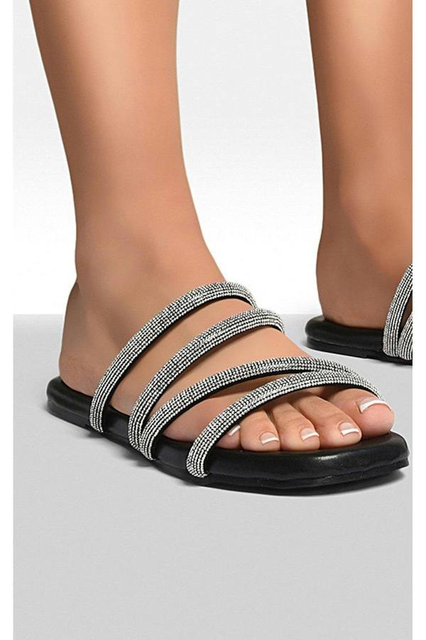 Reya Embellished Asymmetrical Strap Flat Sandals - Black