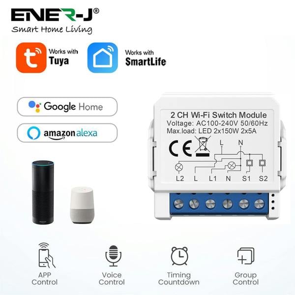ENER-J Smart WiFi 2CH Switch Module, Converts Existing Switch to App & Voice Control, Works with Alexa & Google Assistant