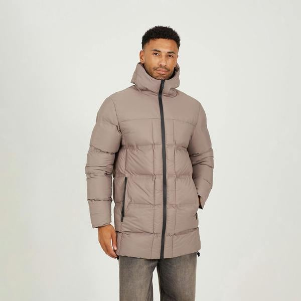 Brave Soul Taupe Longline Padded Hooded Jacket - Taupe Image 1