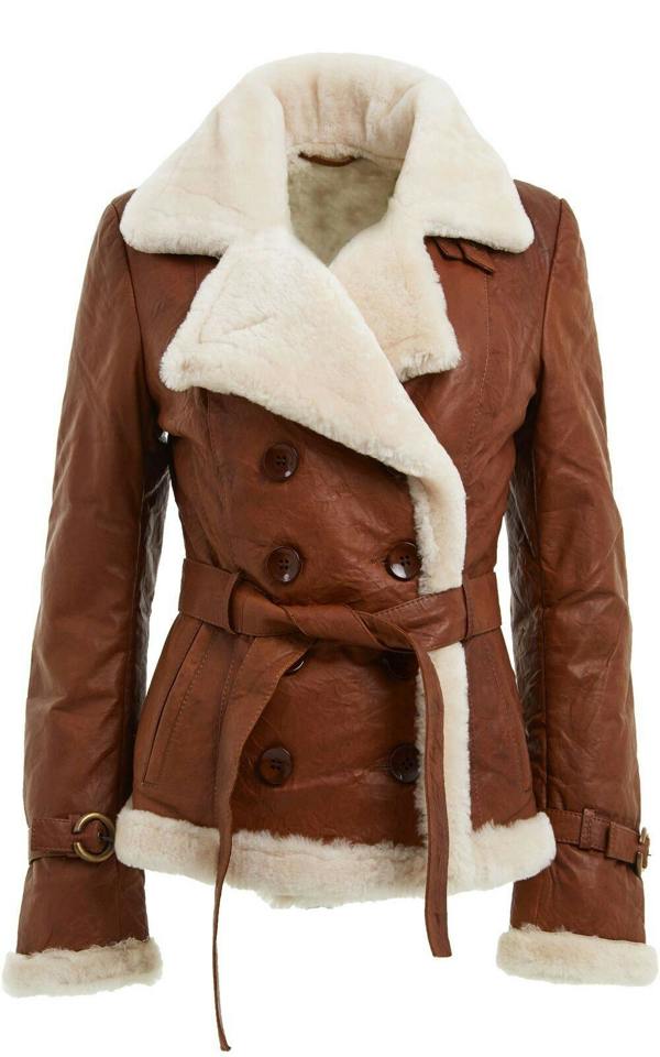 Infinity Leather Womens Tan Double Breasted Sheepskin Aviator Jacket-Leshan