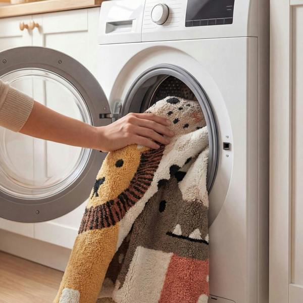 Person taking a patterned towel out of a washing machine