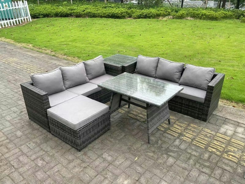 Fimous 7 Seater Rattan Garden Dining Set Outdoor Furniture Sofa with Dining Table Big Footstool Side Table Dark Grey Mixed