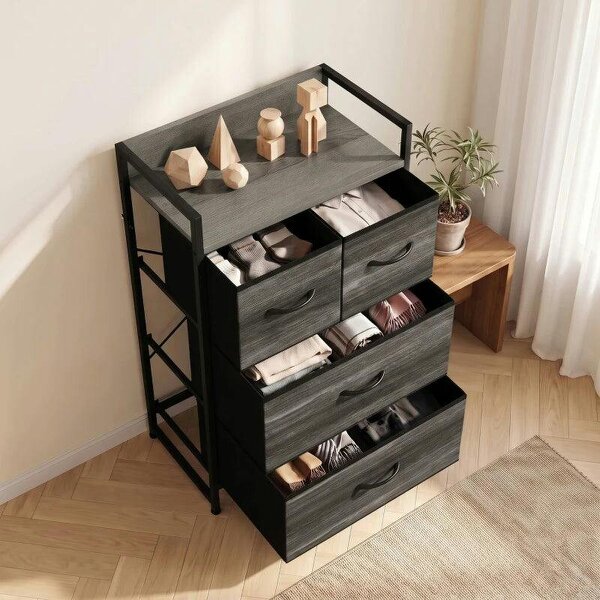 Rustic Chest of Four Fabric Drawers - Grey Wood Effect