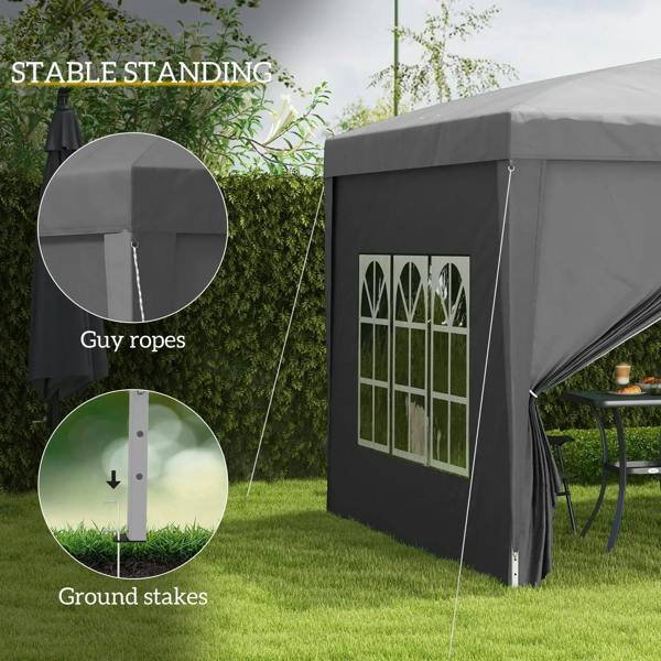 Grey gazebo tent side panel with guy ropes and ground stakes, window opening