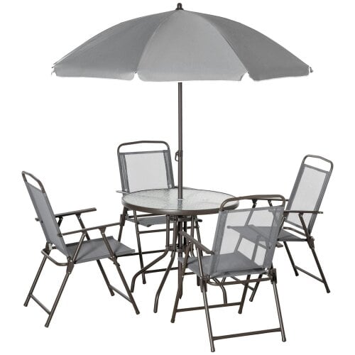 Wyld Haus Misotte Metal and Mesh Light Grey 4 Seater Garden Dining Set With Parasol Folding Chairs And Glass Table