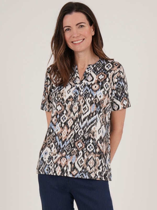 TIGI-Wear Tribal Ikat Print Notch Neckline Top