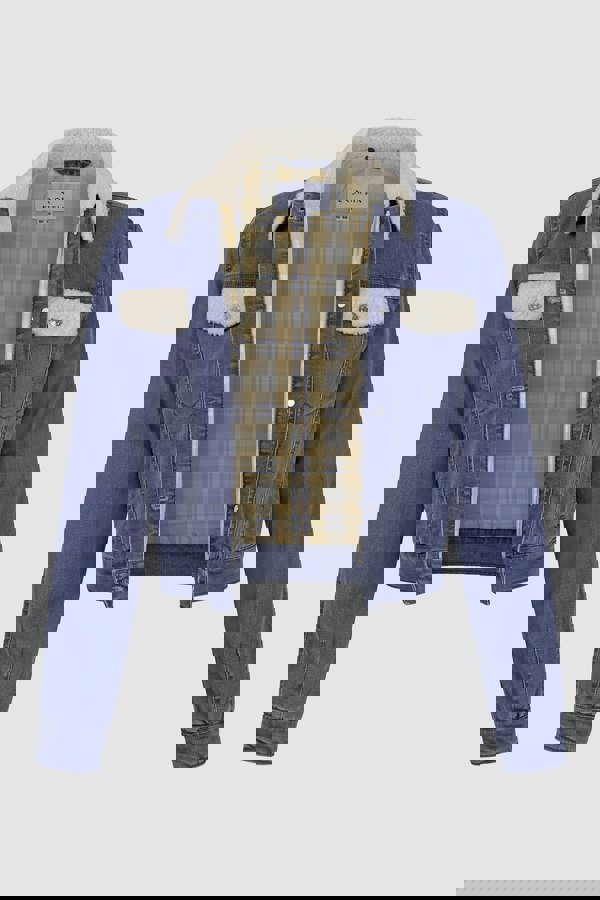 ENORSIA Mid Blue Borg Collar Cropped Denim Jacket