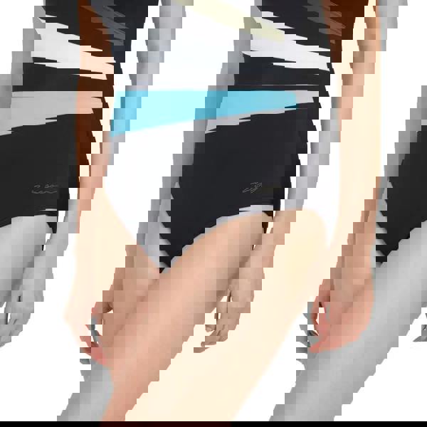 Zoggs wrap panel classicback swimsuit in black and teal with geometric stripes