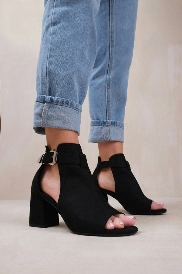 Where's That From Lisa Wide Fit Block Heel With Side Buckle and Open Toe Front in Black Suede