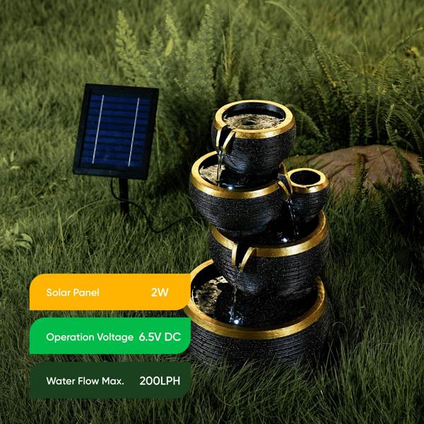 Gardenwize Black and Gold 4-Tier Cascading Solar Water Feature with Battery Backup and LED Lights