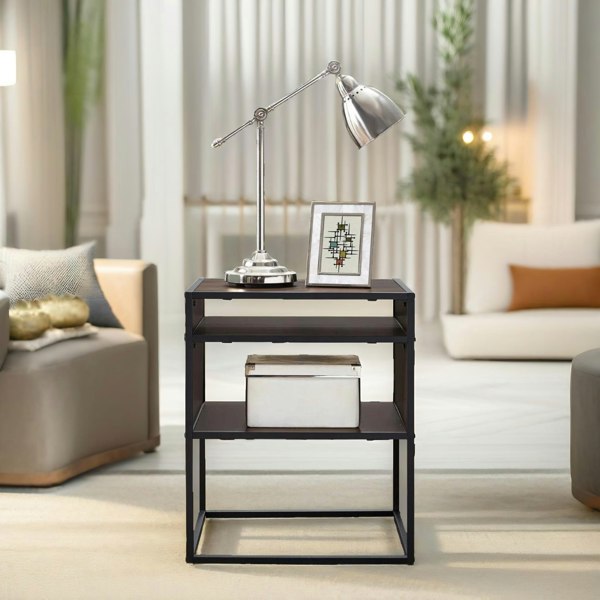 Rafaelo Mobilia Industrial Square Side Table With Open Storage Dark Walnut