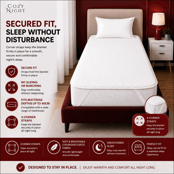 Cozy Night Single Size Electric Blanket Heated with 3 Heat Settings - Quick Fit Underblanket - Fleece Material Machine Washable