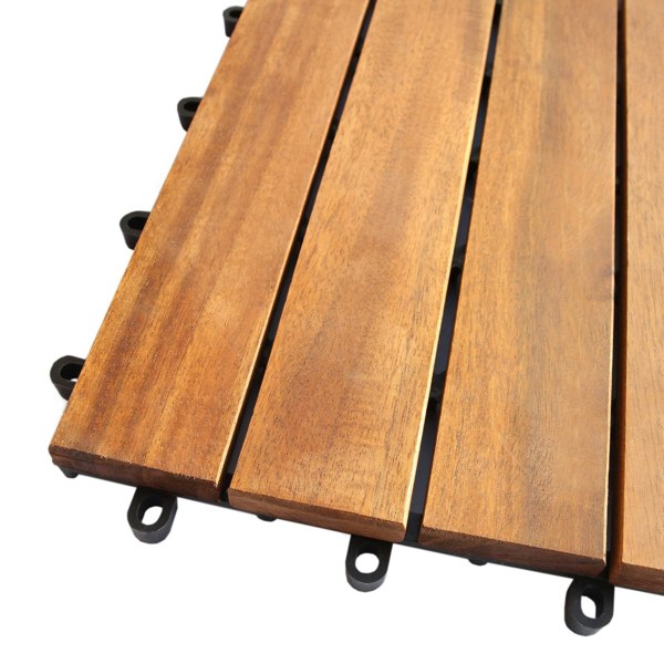 Natural wood decking tiles featuring a rich brown finish, smooth texture, and interlocking edges for easy installation