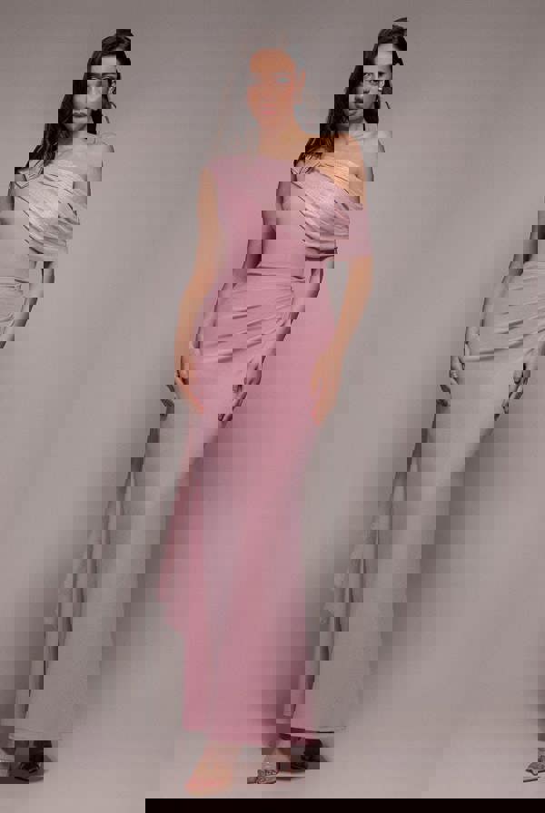 Lurex Pleated Bardot One Shoulder Cape Maxi Dress - Blush Pink DR4984QZ