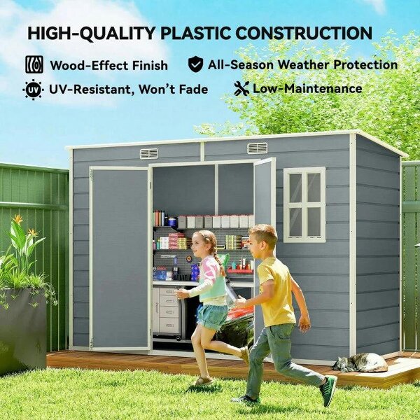 10 x 4 ft Resin Garden Shed, Outdoor Storage Shed with Floor, Windows, Lockable Doors and Vents, Grey