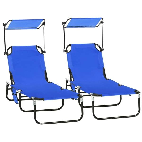 Set of two blue folding sun loungers with adjustable backs and sun canopies