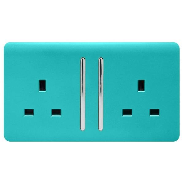 Trendi Switch 2 Gang Long Switched Plug Socket in Bright Teal
