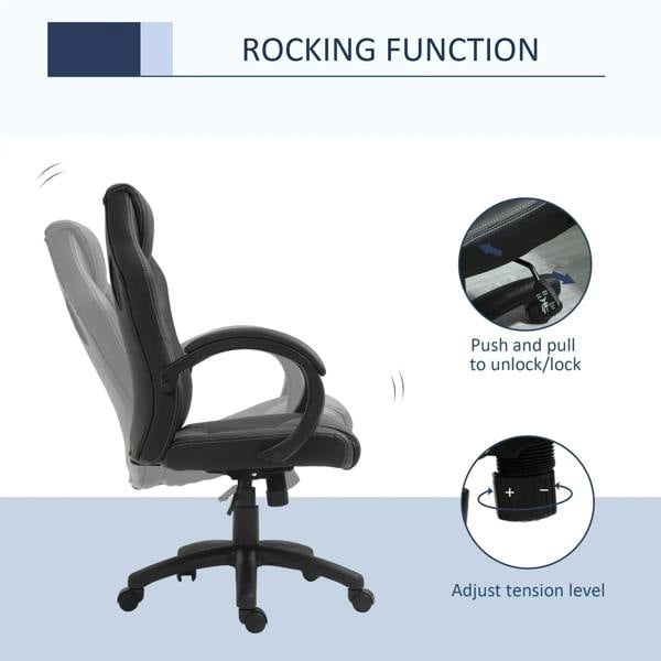 Black office chair with rocking function, armrests, and locking control on the base