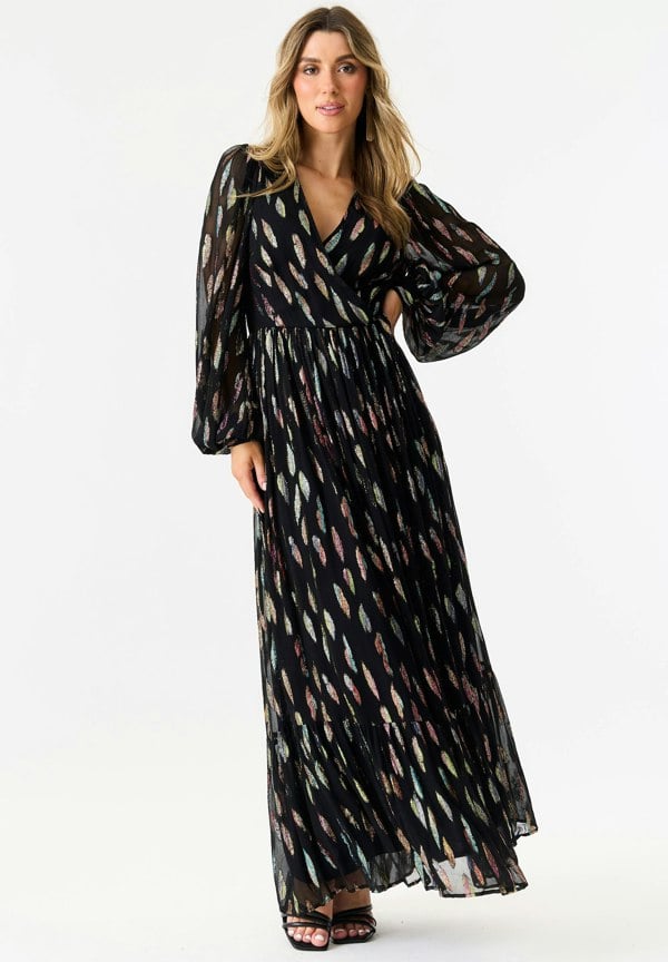 Gini London Black Metallic Print Full Sleeve Maxi Dress