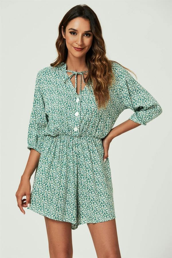 FS Collection Daisy Floral Print Boho Playsuit With Buttons In Green