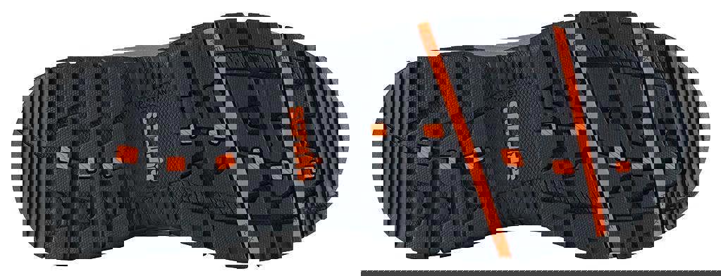 Scruffs Rafter Mens SBP Safety Steel Toe Midsole Work Ankle Boots, close-up view of the black safety shoe's rugged sole with orange accents and tread pattern.