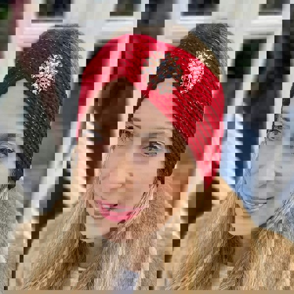 Winter Headband Red with Pearl Brooch in Organic Cotton Lurex