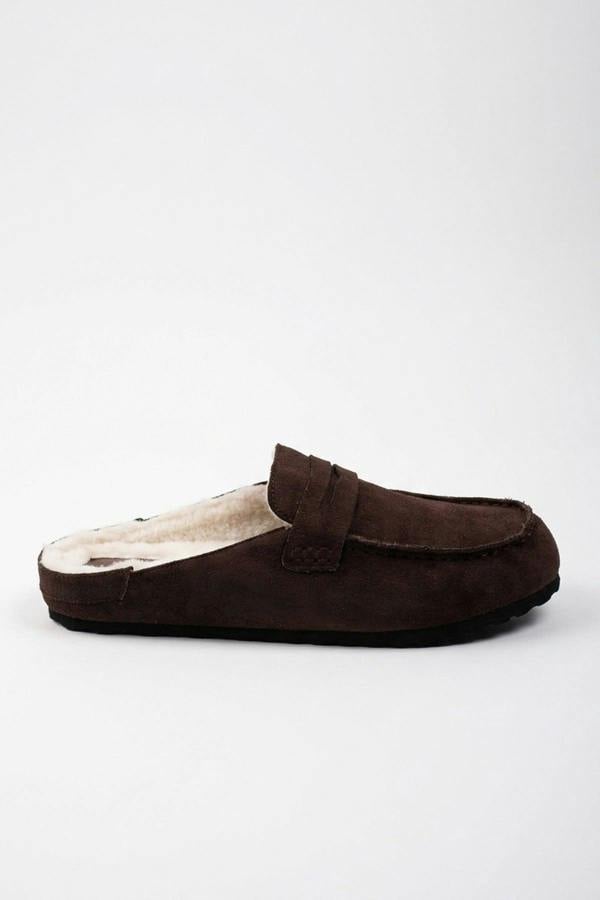 Nuala Faux Suede Fur Lined Mules - Brown