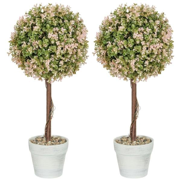 Set of 2 decorative artificial plants with pink and cream blossoms, green leaves, in white pots