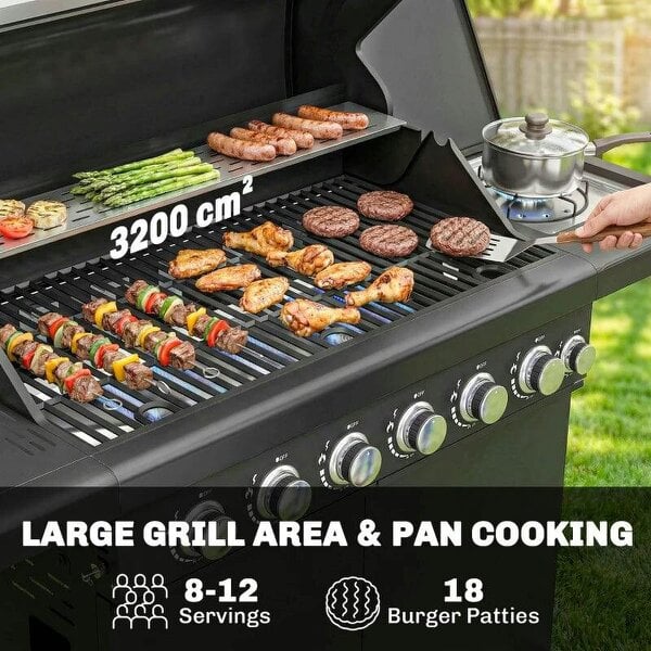 Bobobiy 6+1 Burner Gas BBQ Grill, Outdoor Barbecue Trolley with Wheels, Warming Rack, Thermometer, Bottle Opener, Black