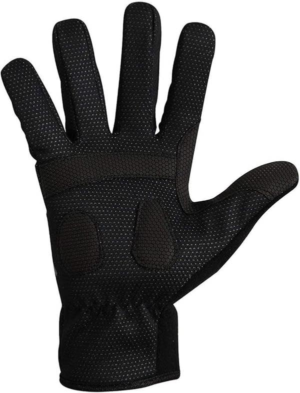 Black waterproof winter cycling glove, palm view with grippy dotted palm and padding, on white - Optimum