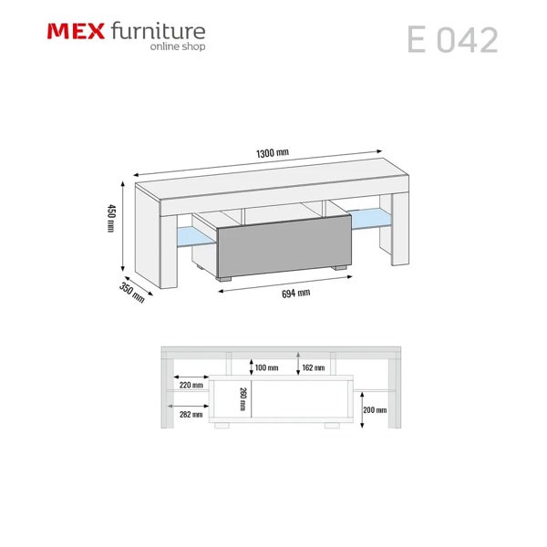 Mex Furniture 130cm TV Unit Cabinet Stand with Grey High Gloss Doors and Free LED Lights