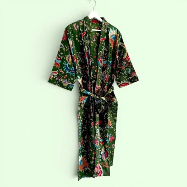 Hayley & Co Green Floral Block Print 100% Cotton Dressing Gown
