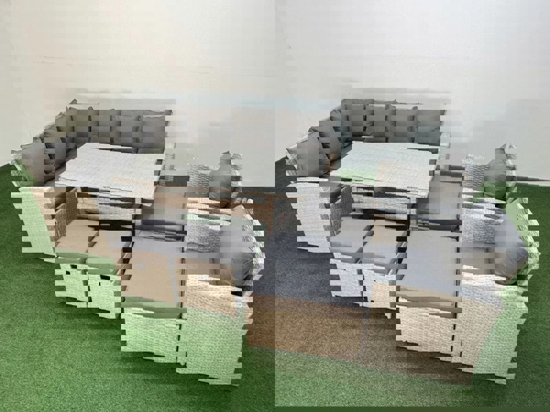 Fimous 12 Seater Rattan Garden Furniture Set Outdoor Patio Dining Corner Sofa Sets with Dining Table 2 Chairs 4 Footstools Light Grey Mixed