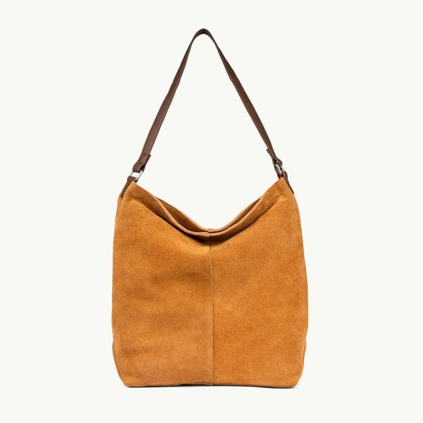 Assots London 'TINA' Tan Suede Real Leather Unlined Slouchy Shopper Tote Bag