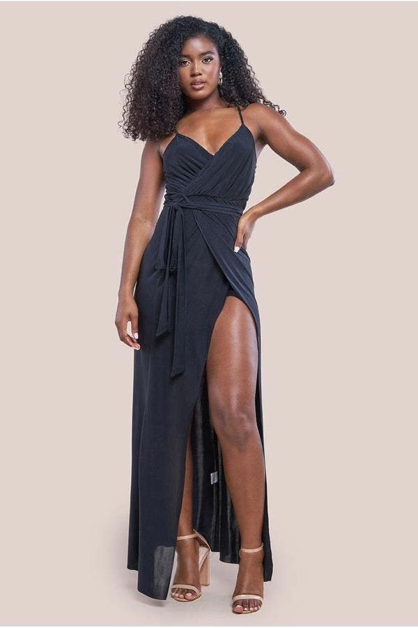 Wrap Front Maxi Slip Dress With Waist Tie-Up - Black DR2250C