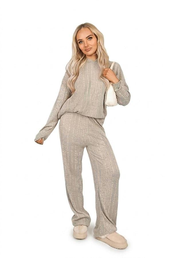Zayana Hooded Ribbed Oversized Top And Wide Leg Lounge Co-ord Set - Stone_wb