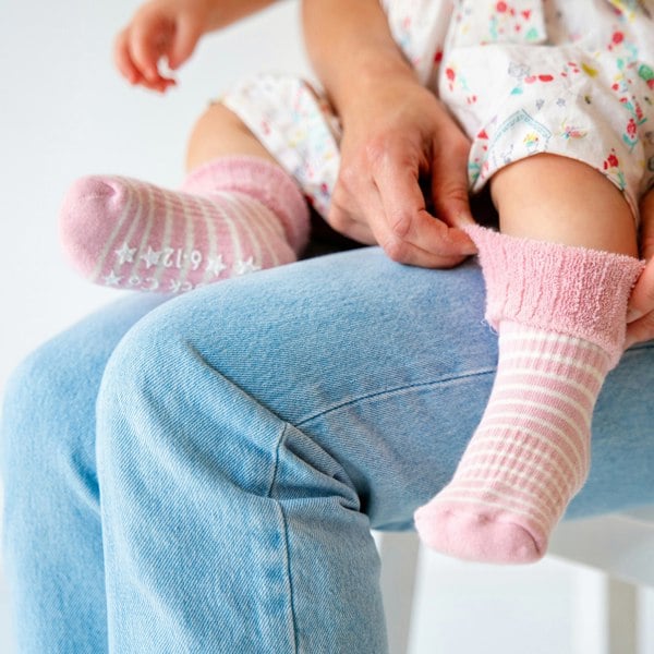 Little Sock Co. Cosy Stay On Winter Warm Non Slip Baby Socks - 5 Pack in Pink Stripe & Biscuit