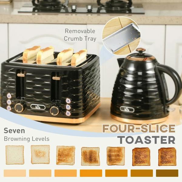 Black 4-slice toaster with removable crumb tray and toast slices in the slots